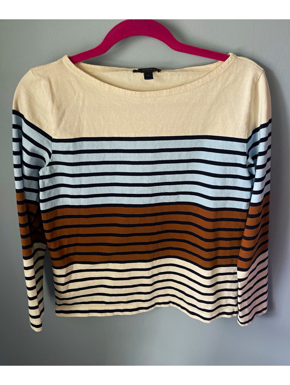 J.CREW Women’s S Regular Cream Blue Brown Striped Knit Cotton Boat Neck Top